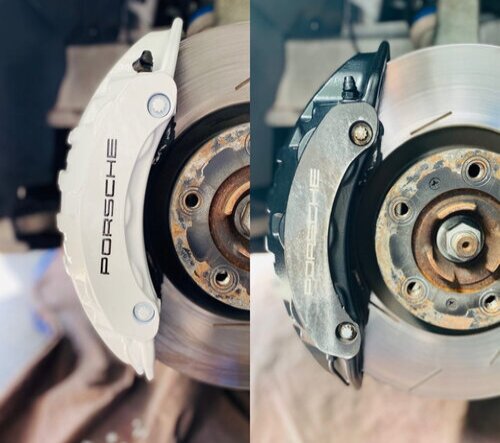 Brake Caliper Paint before and after image- Rims and Calipers Paint- Brake Caliper Painting Service Stone Mountain, GA