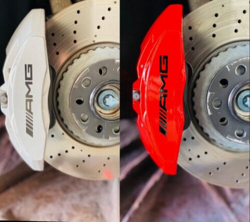 Red Brake Caliper Paint before and after image- Rims and Calipers Paint- Brake Caliper Painting Service Stone Mountain, GA